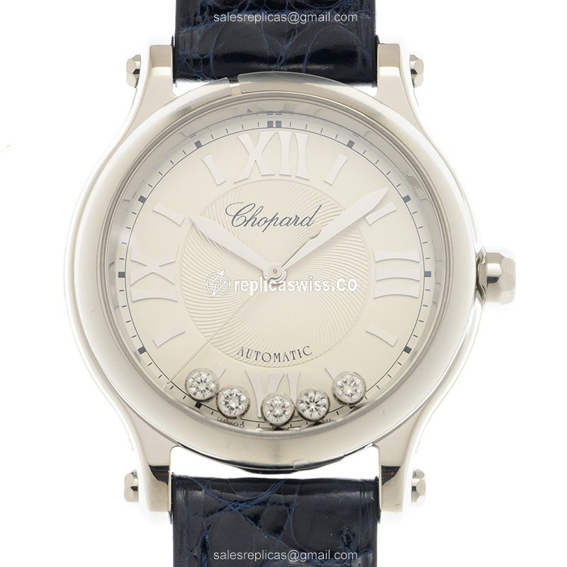 Chopard Happy Sport Replica - Automatic - Steel Case - Silver Dial - Blue Alligator Strap